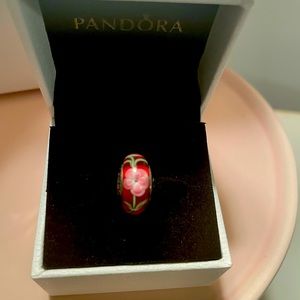 PANDORA Red Murano Glass Charm with Pink and White Flowers on a Thin Green Vine
